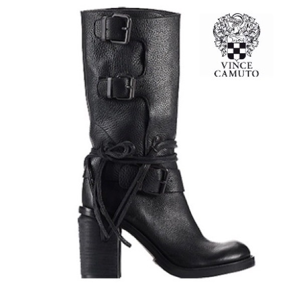 Vince Camuto Skylas Black Leather Boots Size 7 Mid Calf Motorcycle